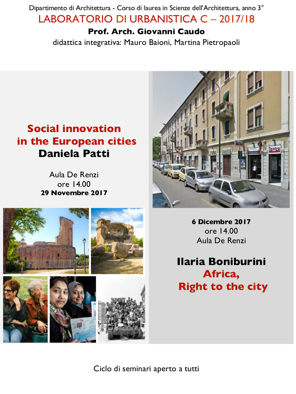 Social innovation in the European cities, Daniela Patti, 29/11/2017 --- Africa, Right to the city, Ilaria Boniburini, 6/12/2017